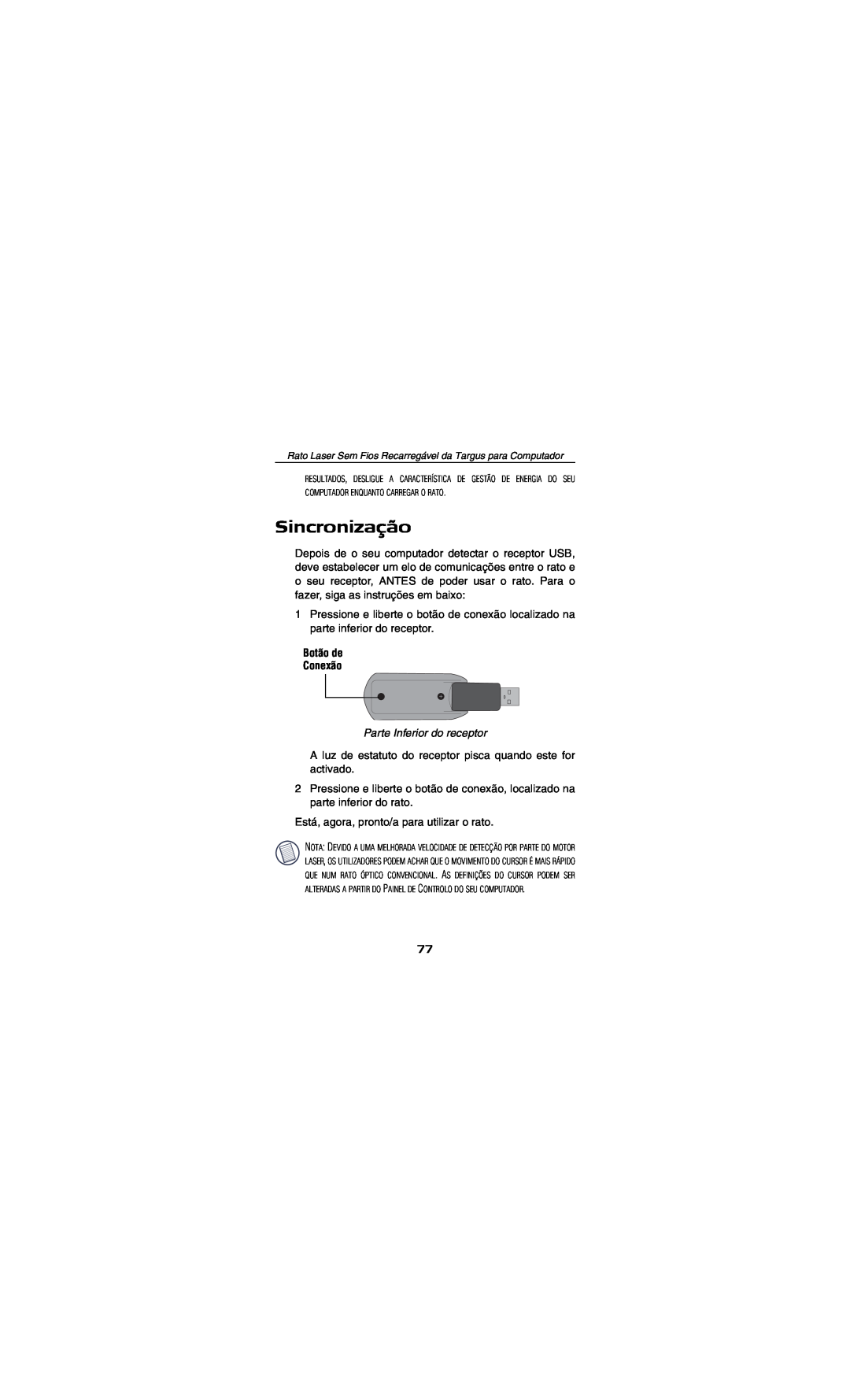 Targus AMW15EU specifications Sincronização, Botão de Conexão, Parte Inferior do receptor 