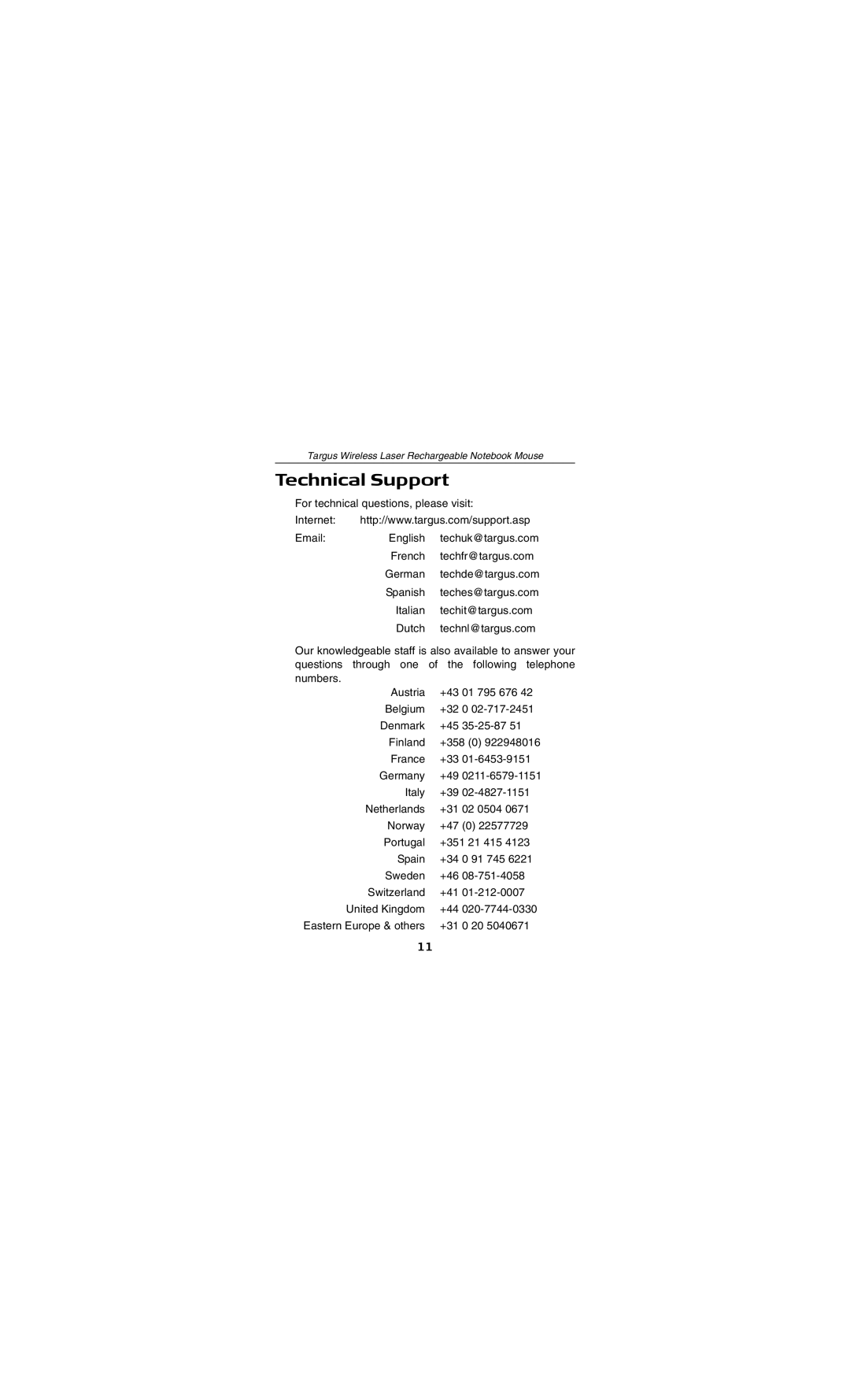 Targus AMW15EU specifications Technical Support 