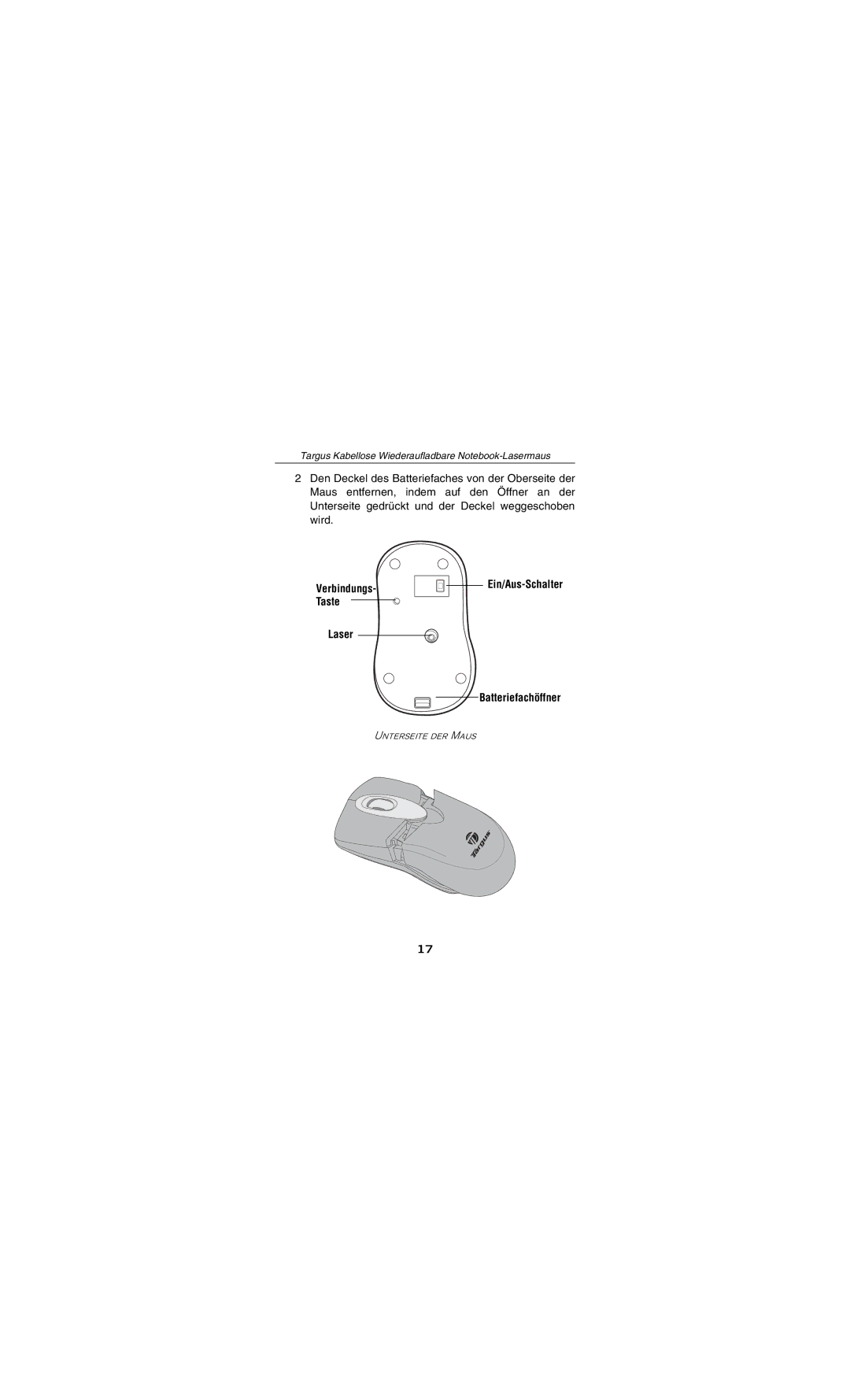 Targus AMW15EU specifications Verbindungs- Taste Ein/Aus-Schalter Laser Batteriefachöffner 