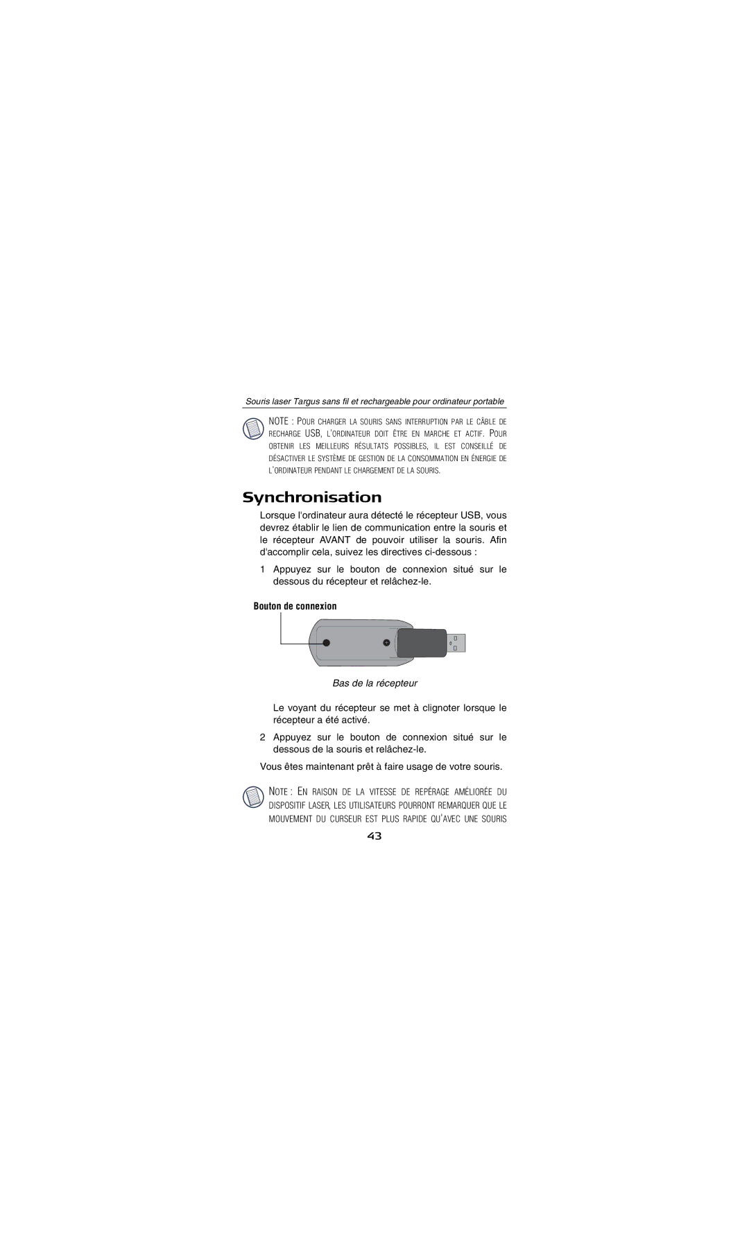 Targus AMW15EU specifications Bouton de connexion, Bas de la récepteur 