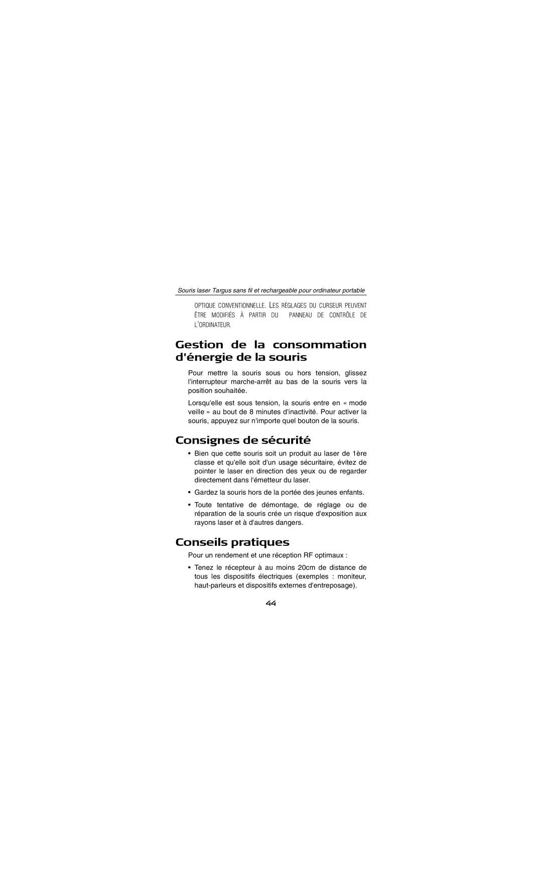 Targus AMW15EU specifications Gestion de la consommation dénergie de la souris, Consignes de sécurité, Conseils pratiques 