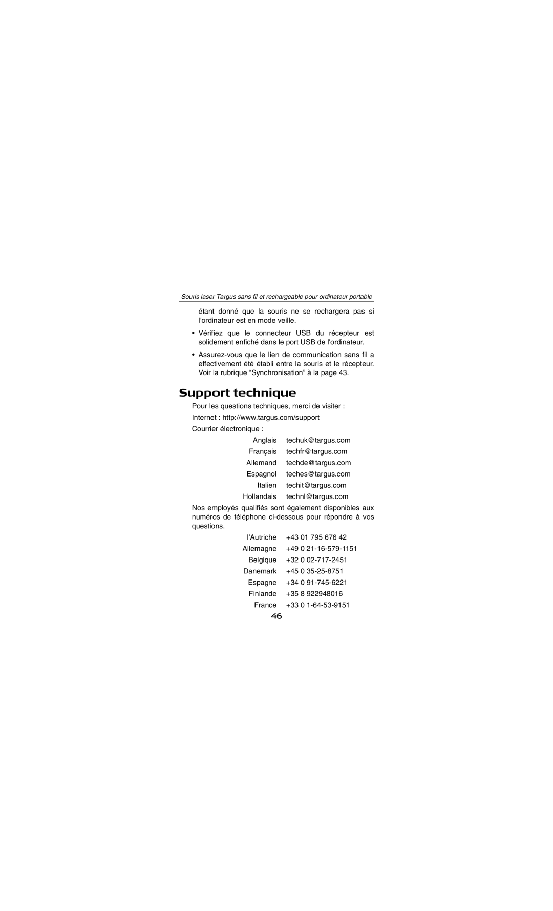 Targus AMW15EU specifications Support technique 