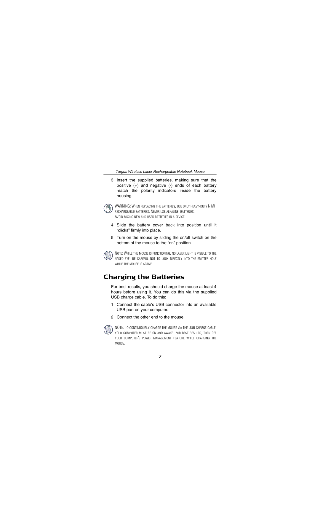 Targus AMW15EU specifications Charging the Batteries 