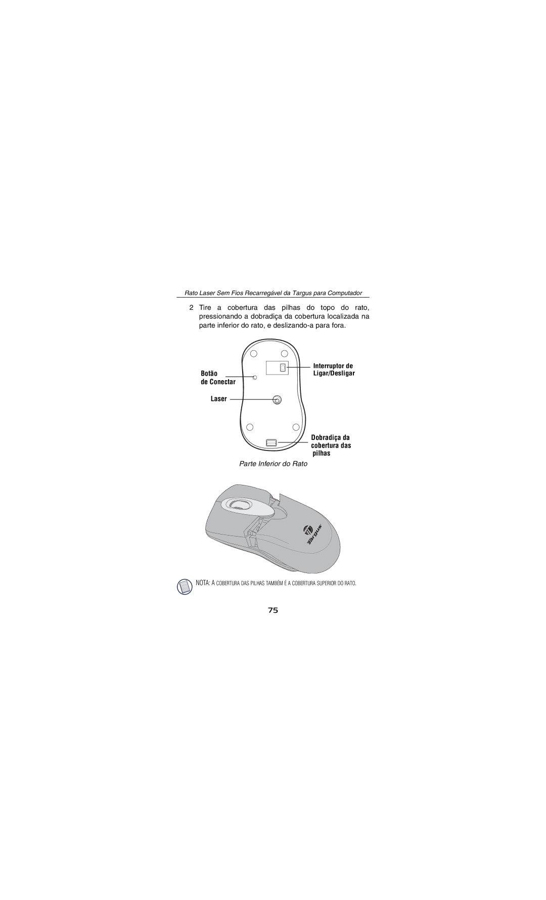 Targus AMW15EU specifications Botão De Conectar Laser, Parte Inferior do Rato 