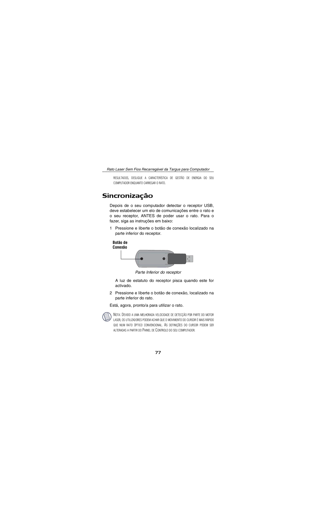 Targus AMW15EU specifications Sincronização, Botão de Conexão, Parte Inferior do receptor 