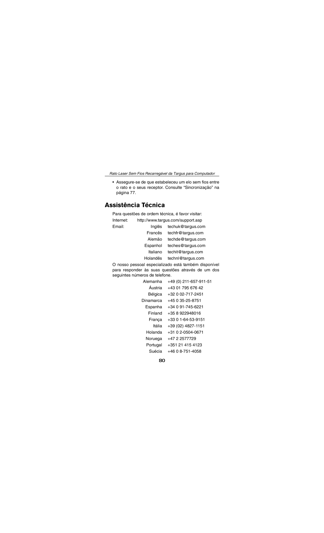 Targus AMW15EU specifications Assistência Técnica 