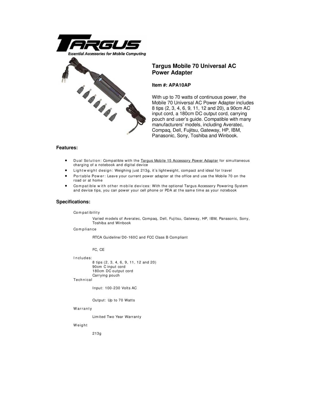 Targus specifications Item # APA10AP, Features, Specifications 