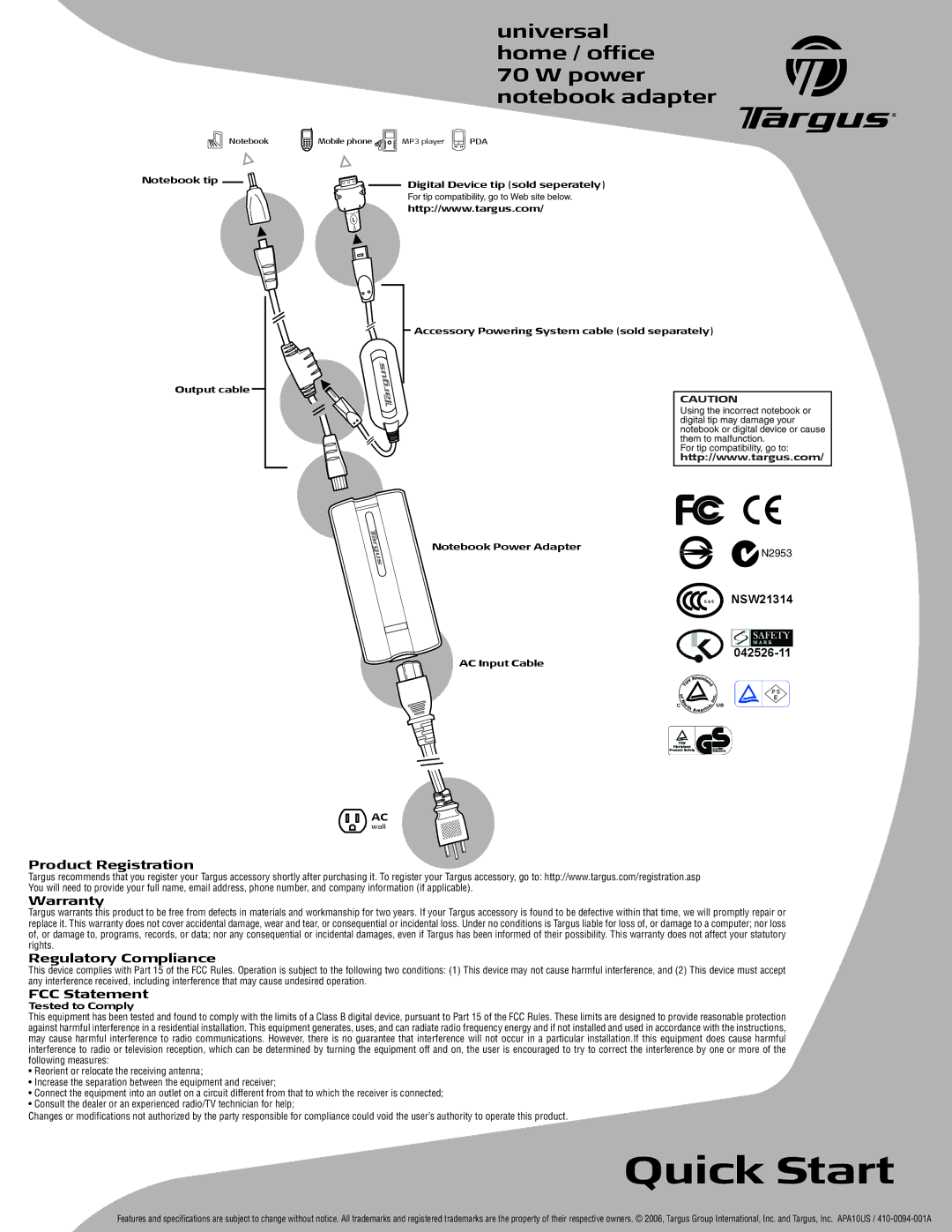 Targus APA10US quick start Quick Start, Universal home / office 70 W power notebook adapter, Product Registration Warranty 