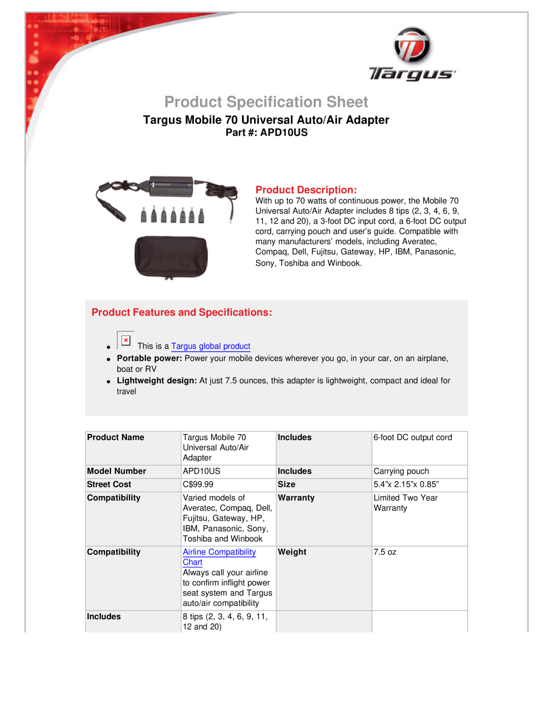Targus APD10US specifications Product Specification Sheet, Targus Mobile 70 Universal Auto/Air Adapter 