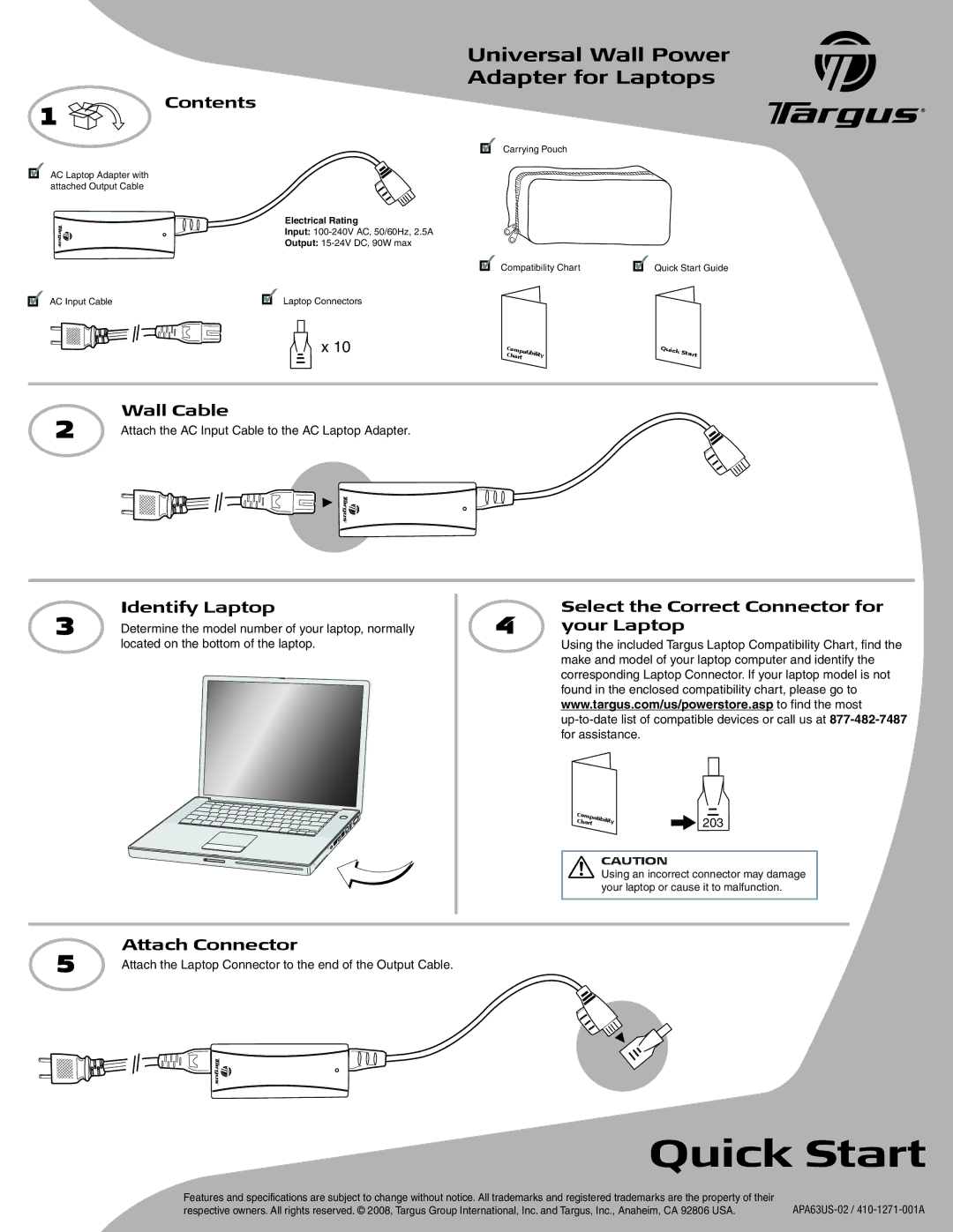 Targus APP2001US quick start Contents, Wall Cable, Identify Laptop, Select the Correct Connector for, Your Laptop 