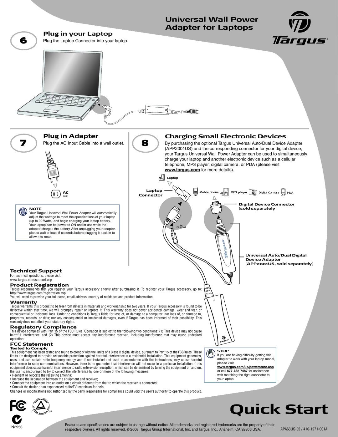 Targus APP2001US quick start Plug in your Laptop, Plug in Adapter, Charging Small Electronic Devices 