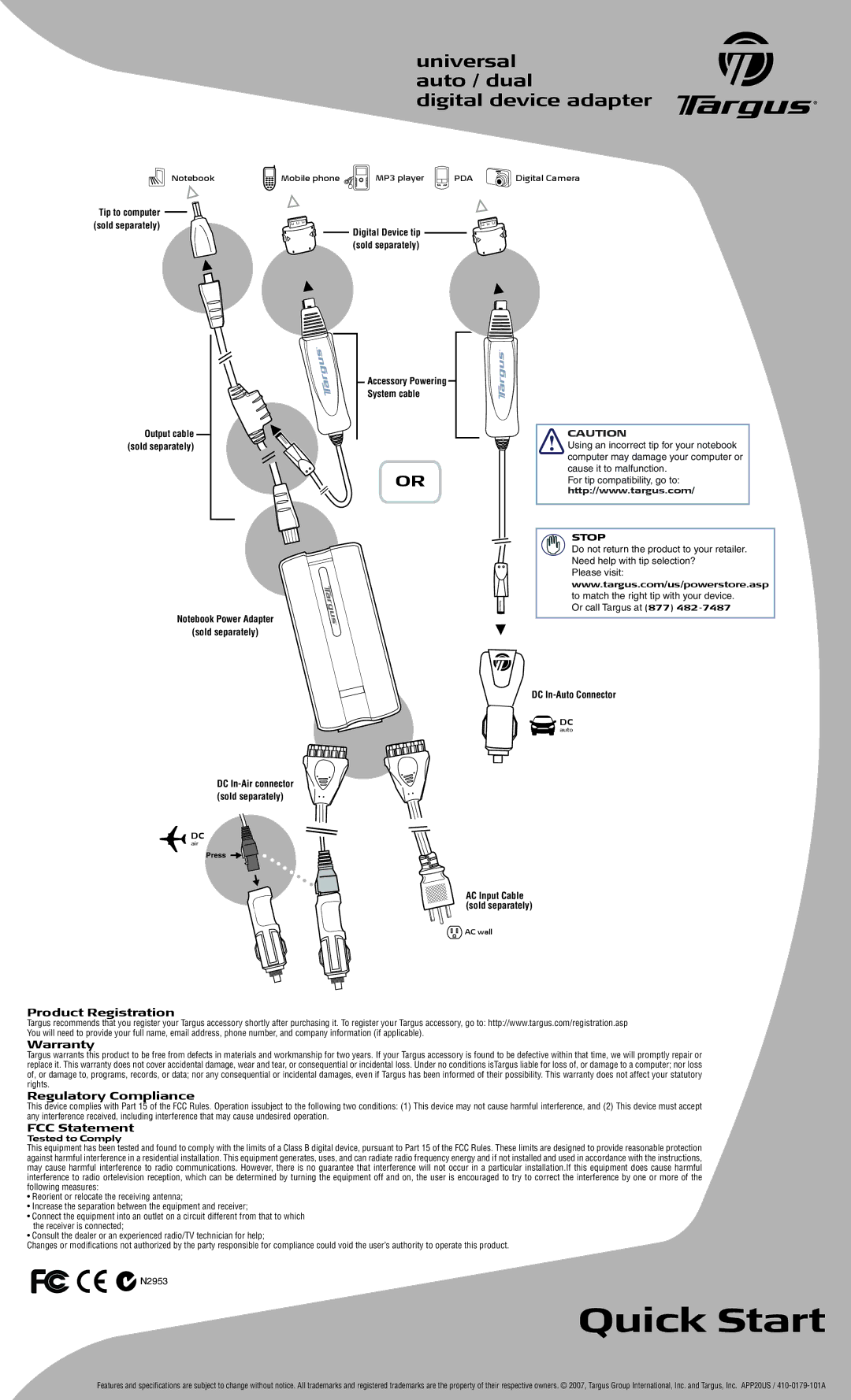 Targus APP20US quick start Quick Start, Universal auto / dual Digital device adapter, Product Registration Warranty 