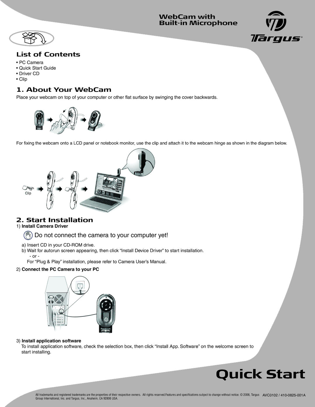 Targus AVC0102 quick start WebCam with Built-in Microphone List of Contents, About Your WebCam, Start Installation 