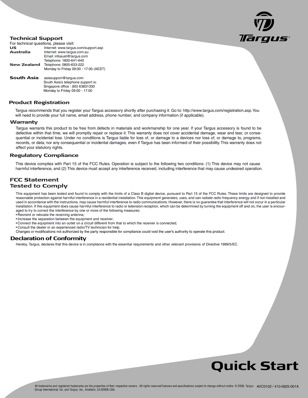 Targus AVC0102 FCC Statement Tested to Comply, Declaration of Conformity, Technical Support, Product Registration Warranty 