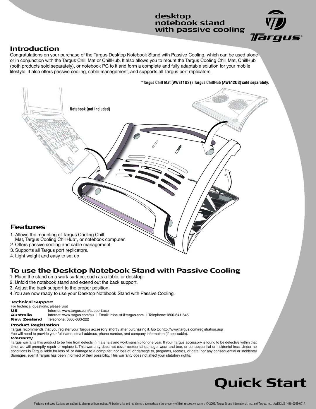 Targus AWE01US2 quick start Quick Start, Desktop notebook stand with passive cooling, Introduction, Features 