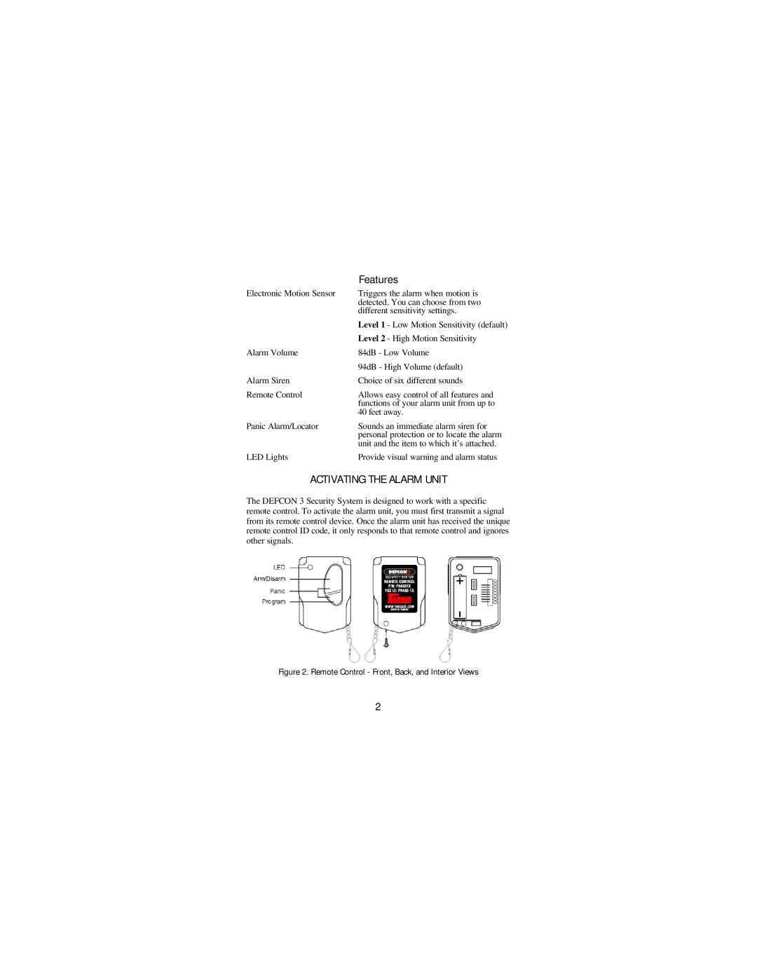 Targus DEFCON 3 manual Features, Activating The Alarm Unit 