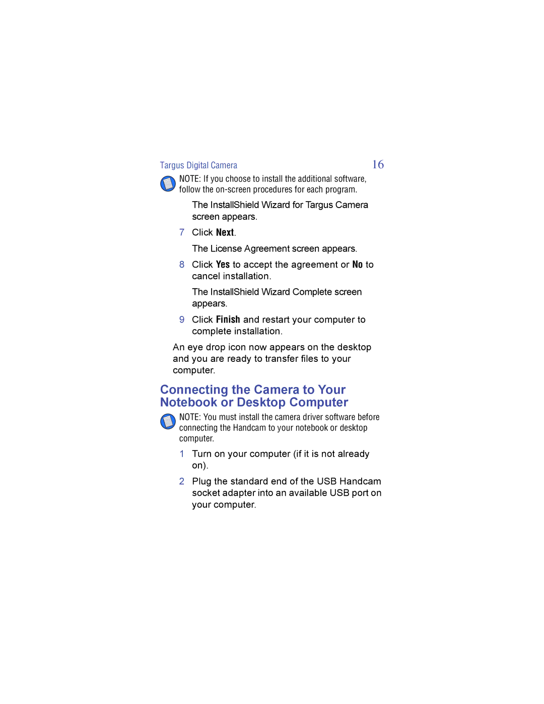 Targus Digital Camera manual Connecting the Camera to Your Notebook or Desktop Computer 