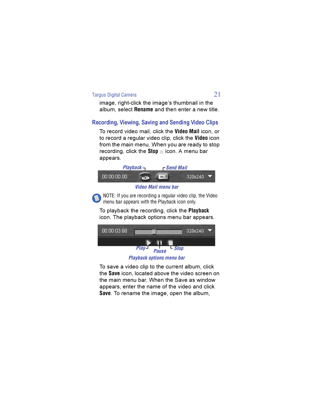 Targus Digital Camera manual Recording, Viewing, Saving and Sending Video Clips 