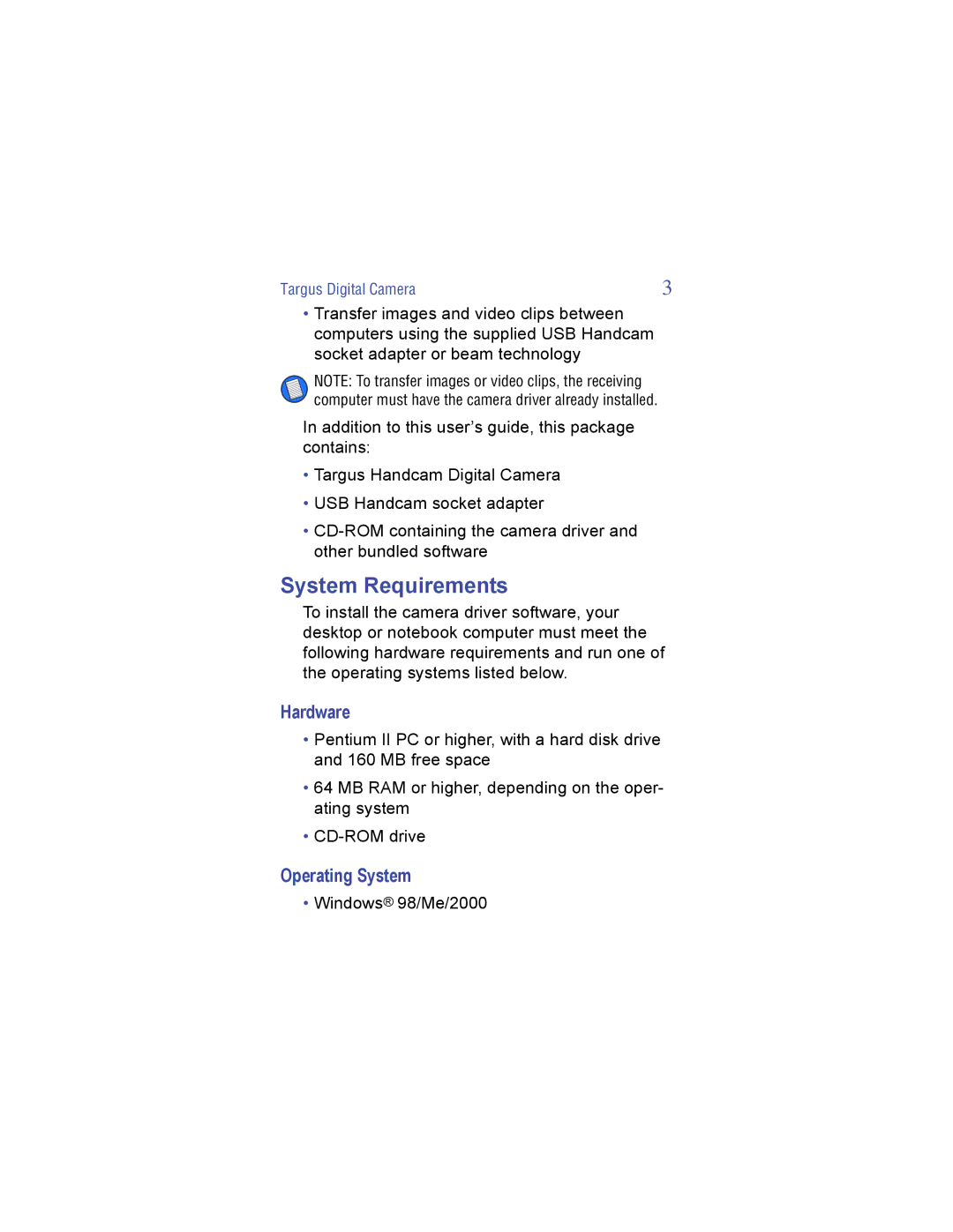 Targus Digital Camera manual System Requirements, Hardware, Operating System 