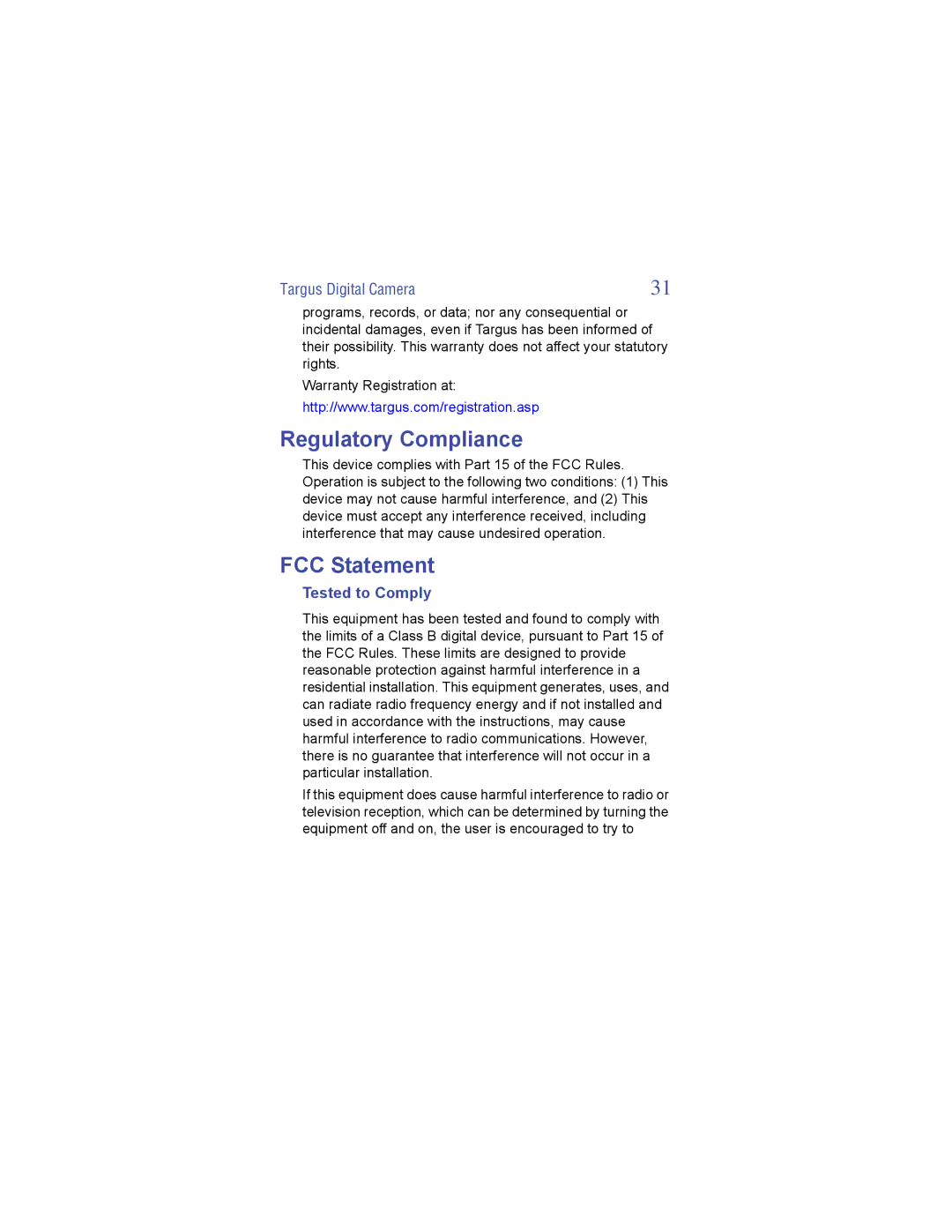 Targus Digital Camera manual Regulatory Compliance, FCC Statement 