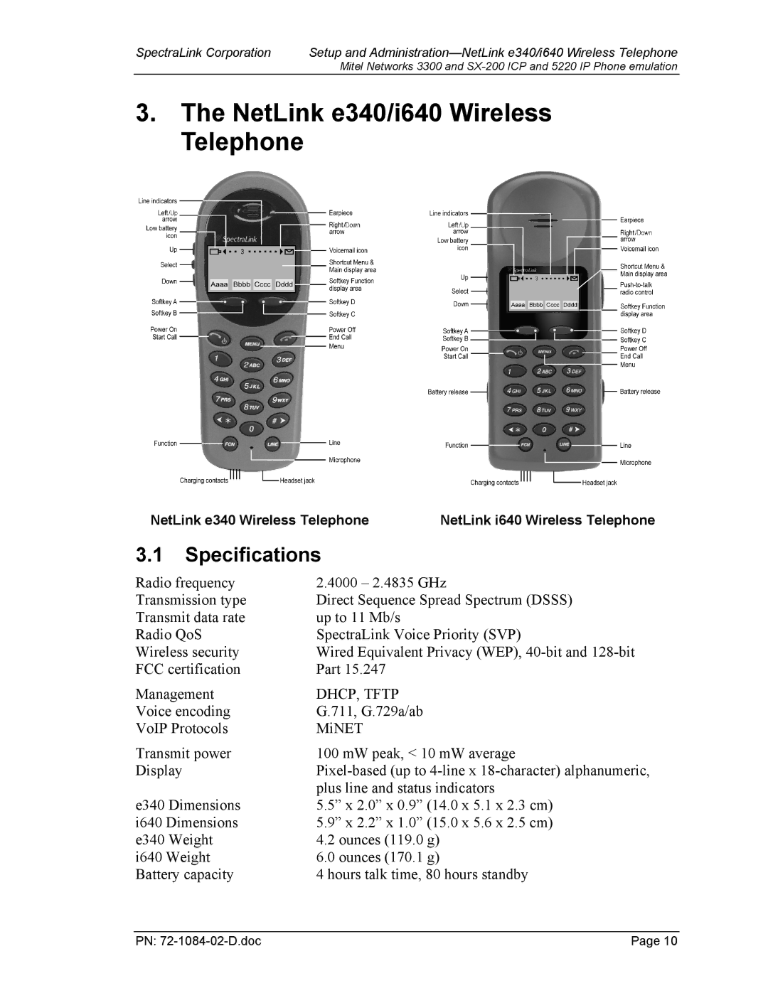 Targus I640 manual NetLink e340/i640 Wireless Telephone, Specifications, NetLink i640 Wireless Telephone 