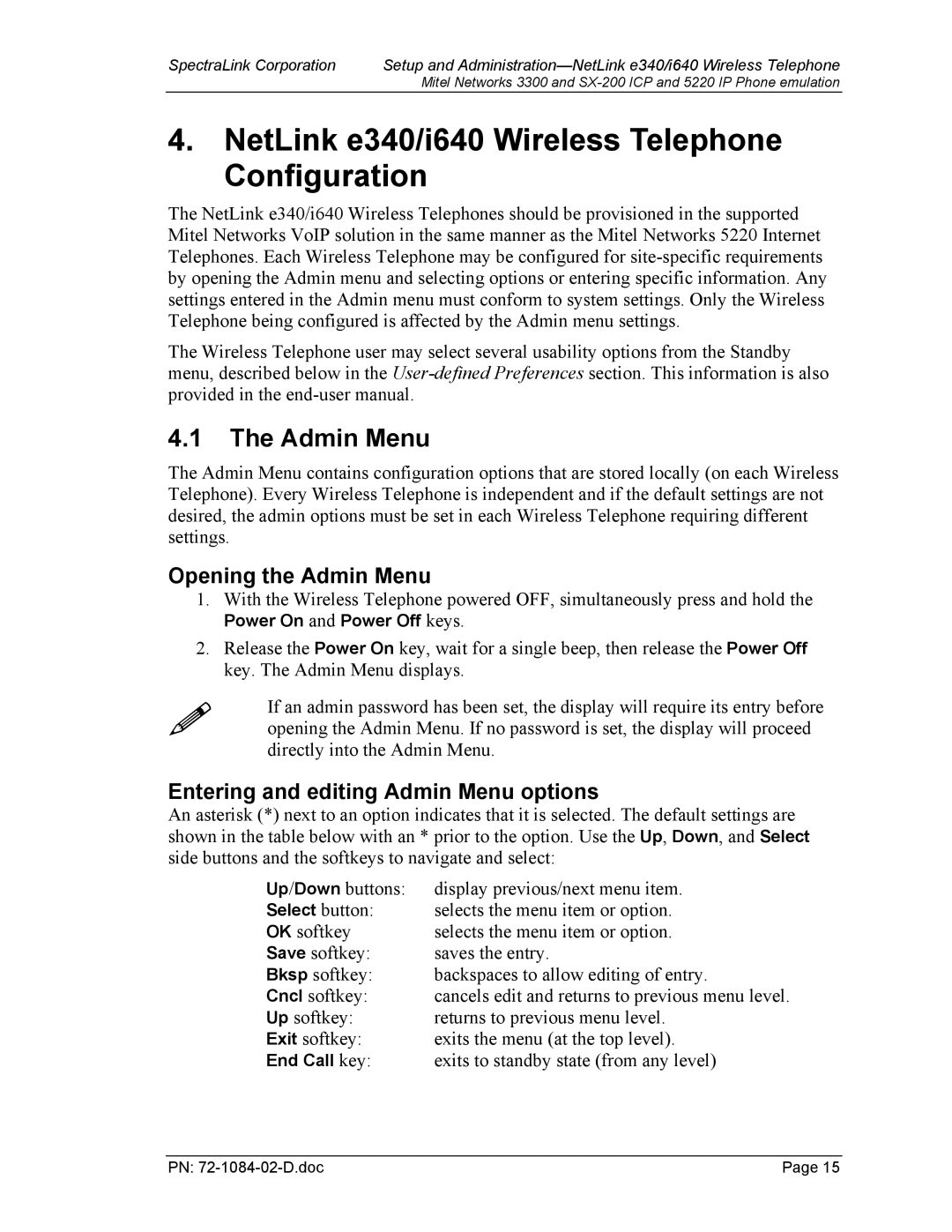 Targus I640 manual NetLink e340/i640 Wireless Telephone Configuration, Opening the Admin Menu 