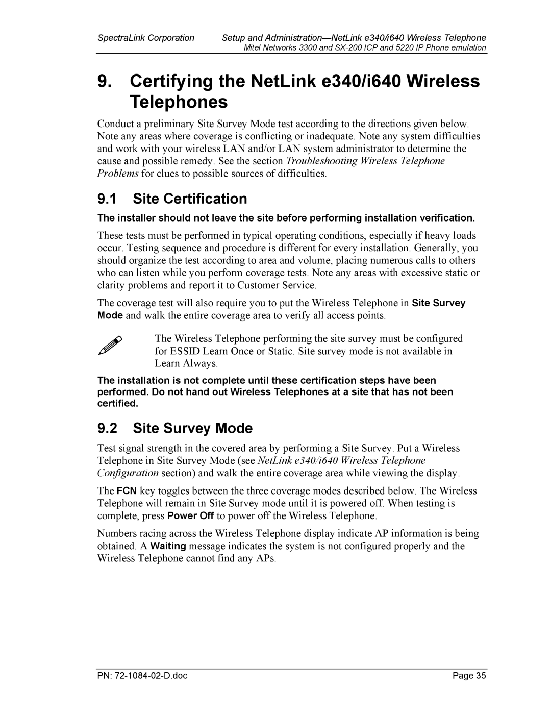 Targus I640 manual Certifying the NetLink e340/i640 Wireless Telephones, Site Certification, Site Survey Mode 