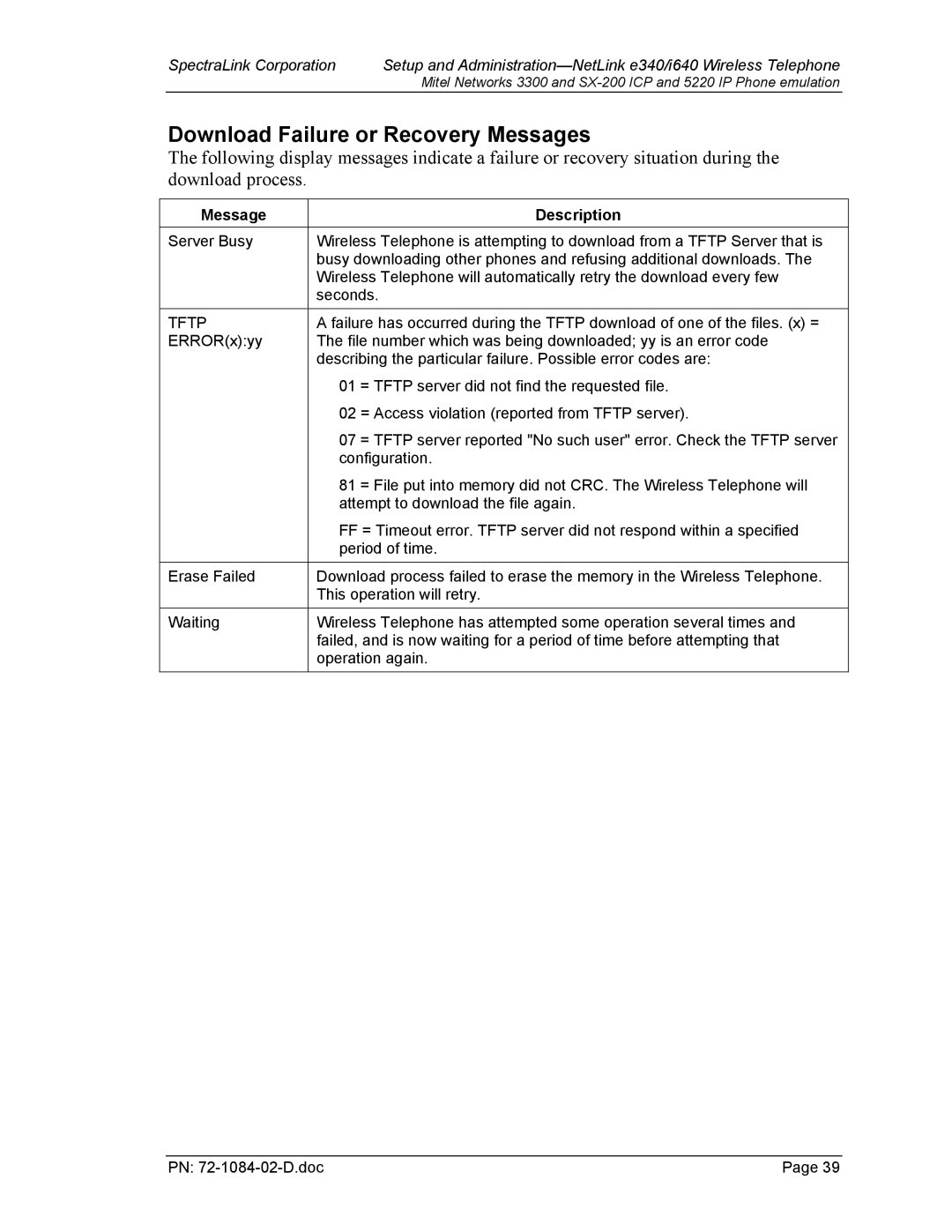 Targus e340, I640 manual Download Failure or Recovery Messages, Tftp 