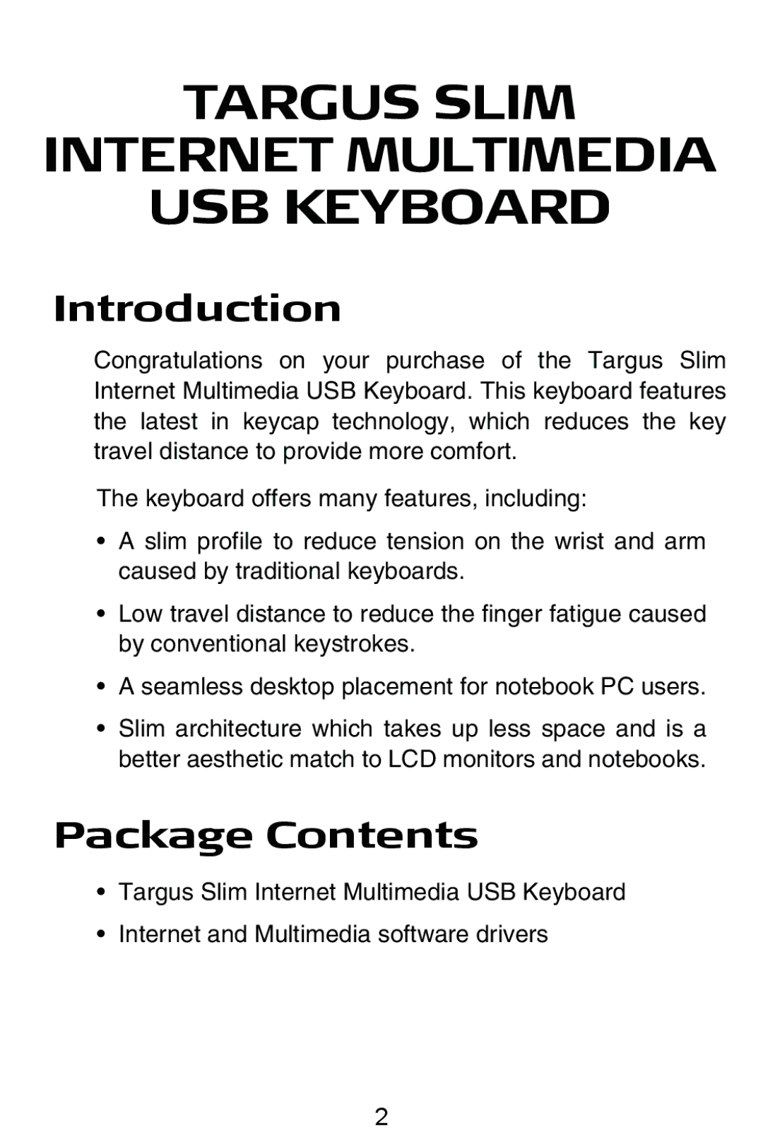 Targus internet multimedia USB keyboard specifications Introduction, Package Contents 