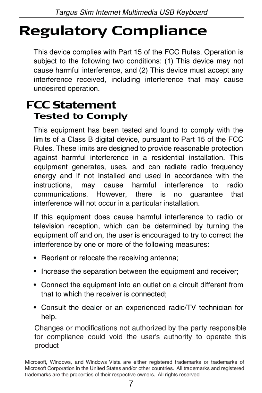 Targus internet multimedia USB keyboard specifications Regulatory Compliance, FCC Statement 