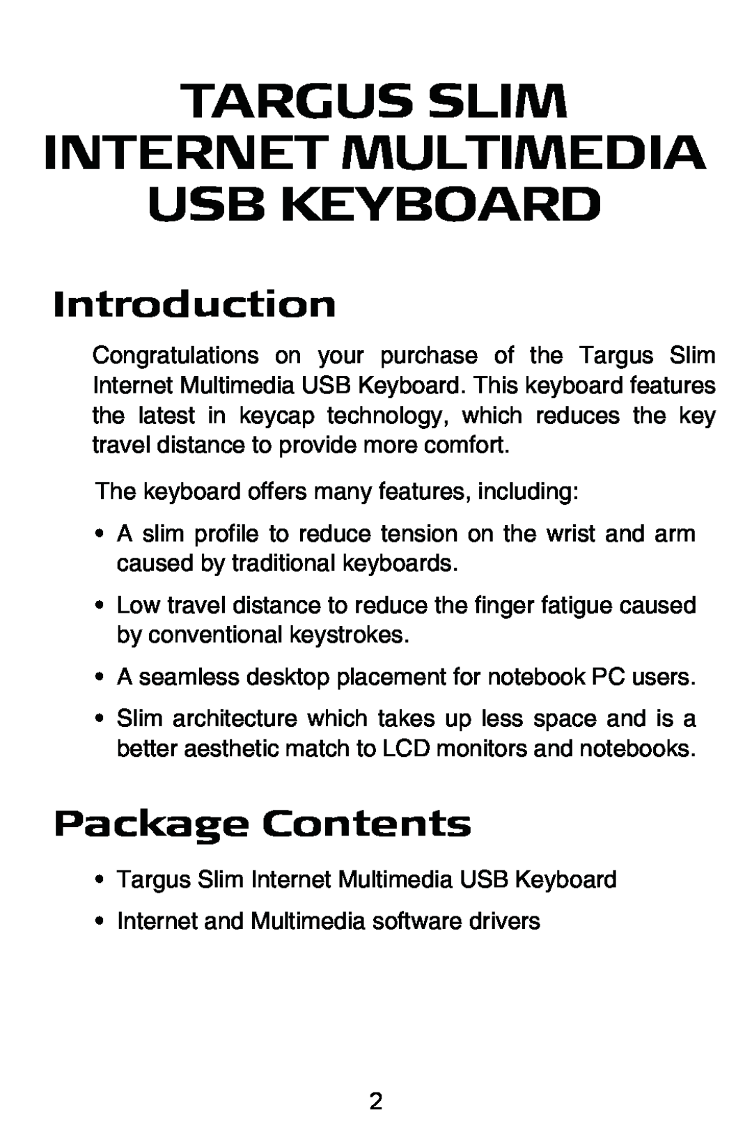 Targus internet multimedia USB keyboard Introduction, Package Contents, Targus Slim Internet Multimedia Usb Keyboard 