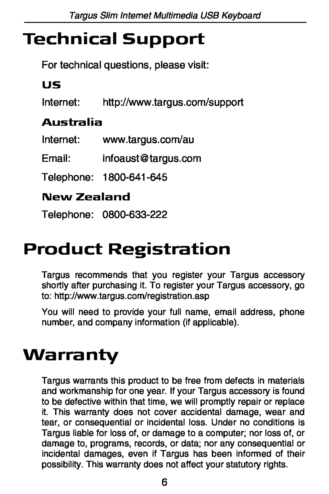 Targus internet multimedia USB keyboard Technical Support, Product Registration, Warranty, Australia, New Zealand 