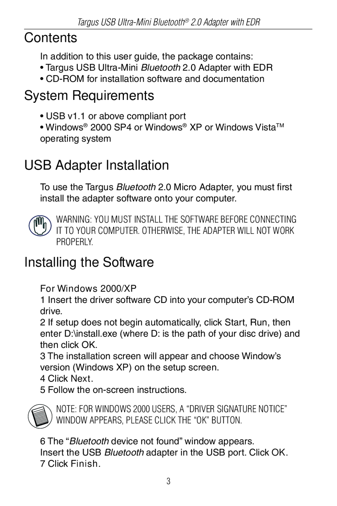 Targus Mini Bluetooth 2.0 Adapter with DER specifications Contents, System Requirements, USB Adapter Installation 