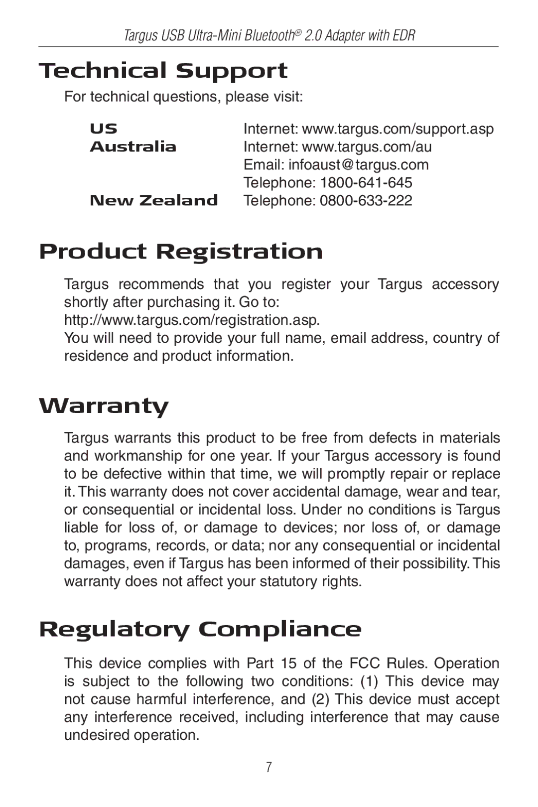 Targus Mini Bluetooth 2.0 Adapter with DER Technical Support, Product Registration, Warranty, Regulatory Compliance 