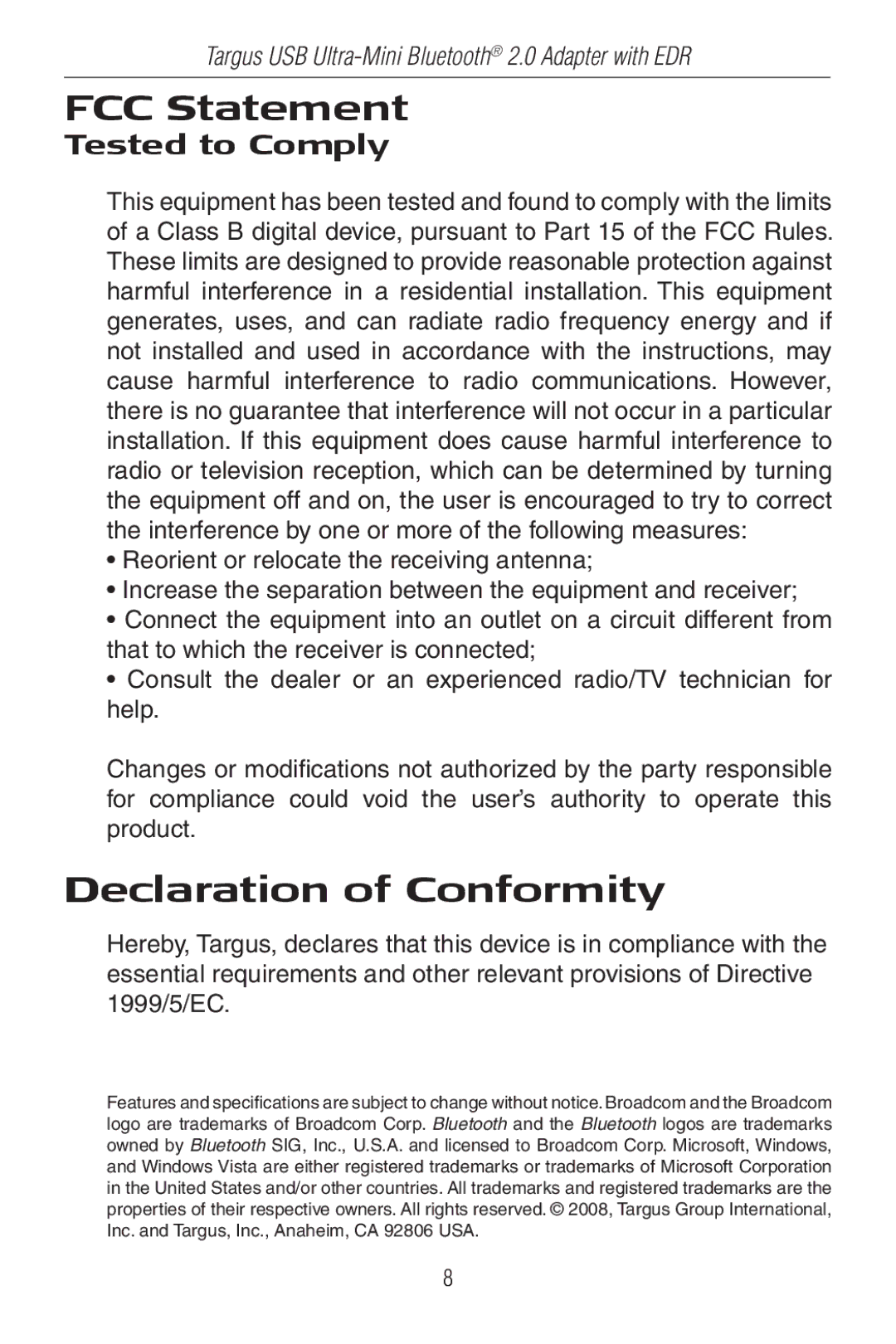 Targus Mini Bluetooth 2.0 Adapter with DER specifications FCC Statement, Declaration of Conformity 