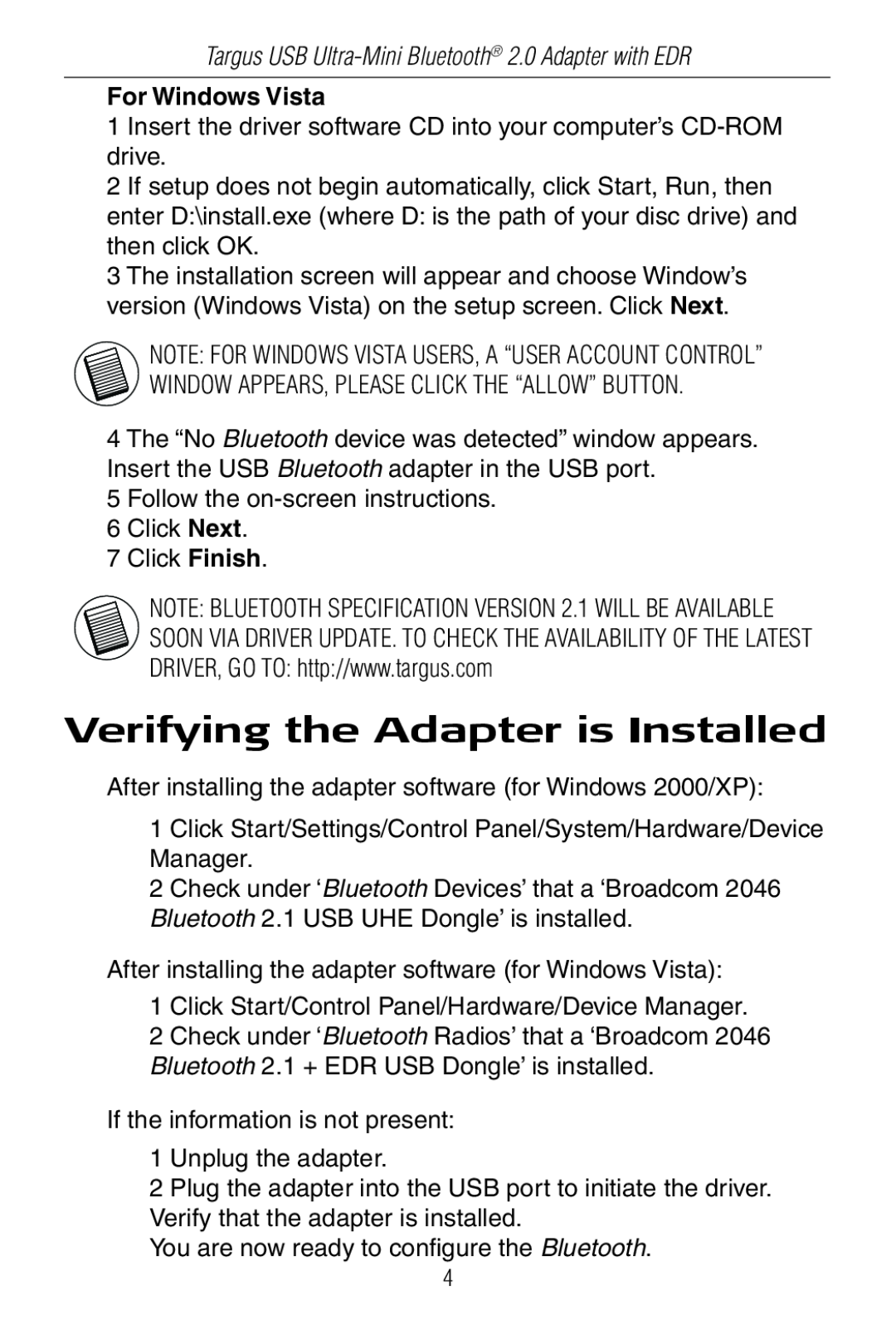 Targus Mini Bluetooth 2.0 Adapter with DER specifications Verifying the Adapter is Installed, For Windows Vista 