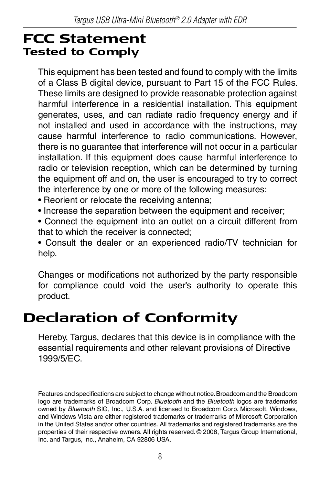 Targus Mini Bluetooth 2.0 Adapter with DER specifications FCC Statement, Declaration of Conformity, Tested to Comply 
