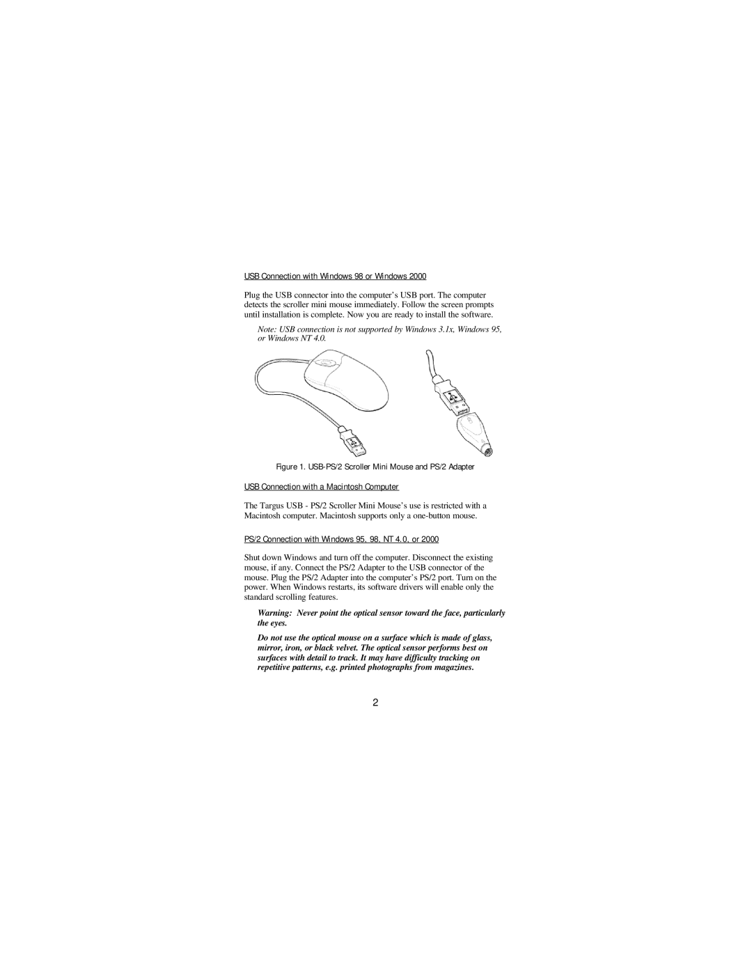 Targus Mini Mouse manual USB Connection with Windows 98 or Windows, USB Connection with a Macintosh Computer 