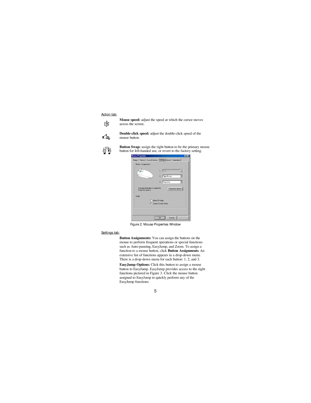 Targus Mini Mouse manual Action tab, Settings tab 