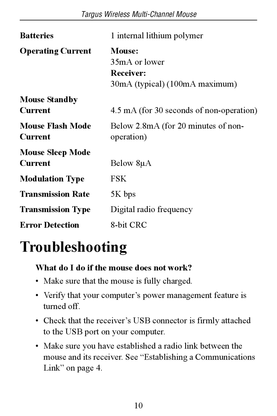 Targus Multi-Channel Mouse specifications Troubleshooting, What do I do if the mouse does not work? 