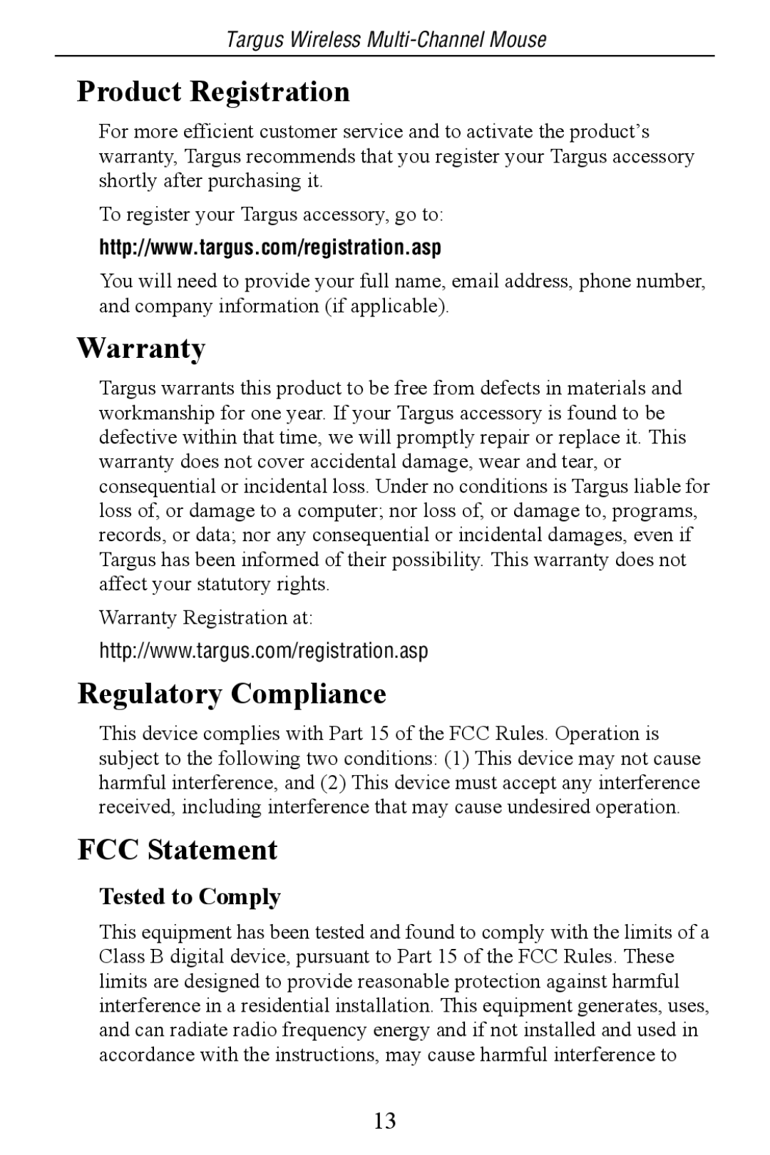 Targus Multi-Channel Mouse Product Registration, Warranty, Regulatory Compliance, FCC Statement, Tested to Comply 