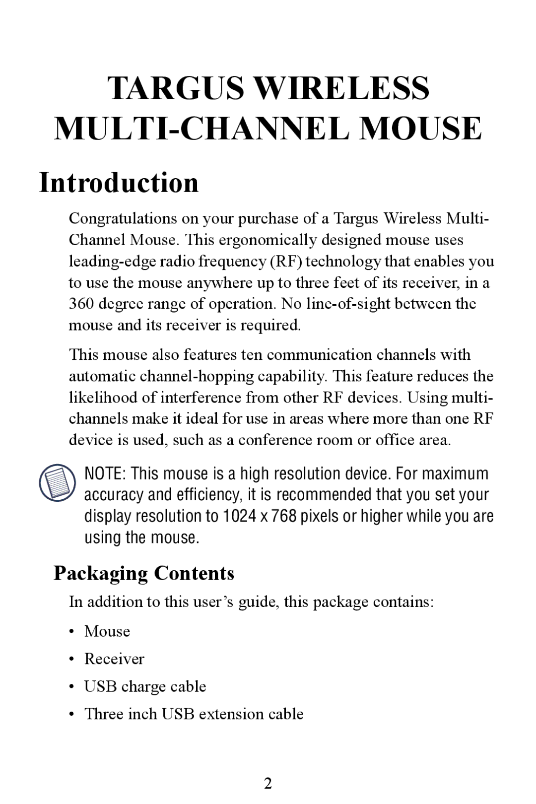 Targus Multi-Channel Mouse specifications Introduction, Packaging Contents 