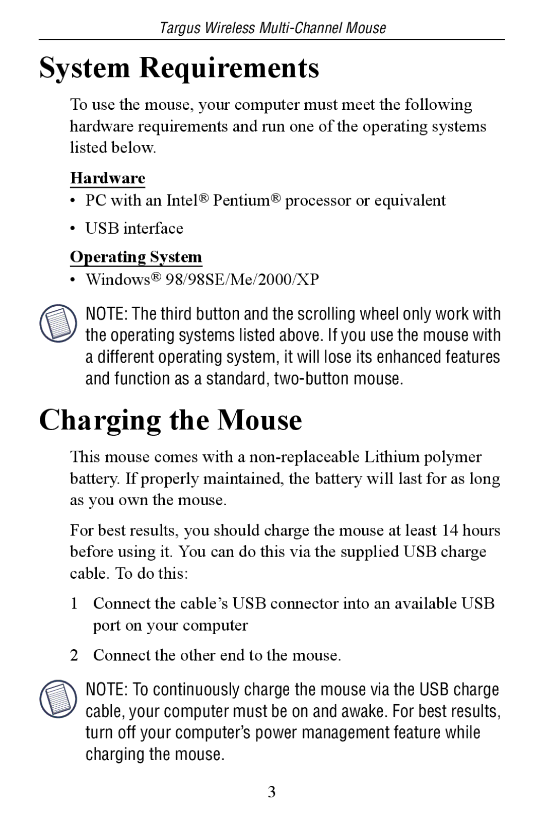 Targus Multi-Channel Mouse specifications System Requirements, Charging the Mouse, Hardware, Operating System 