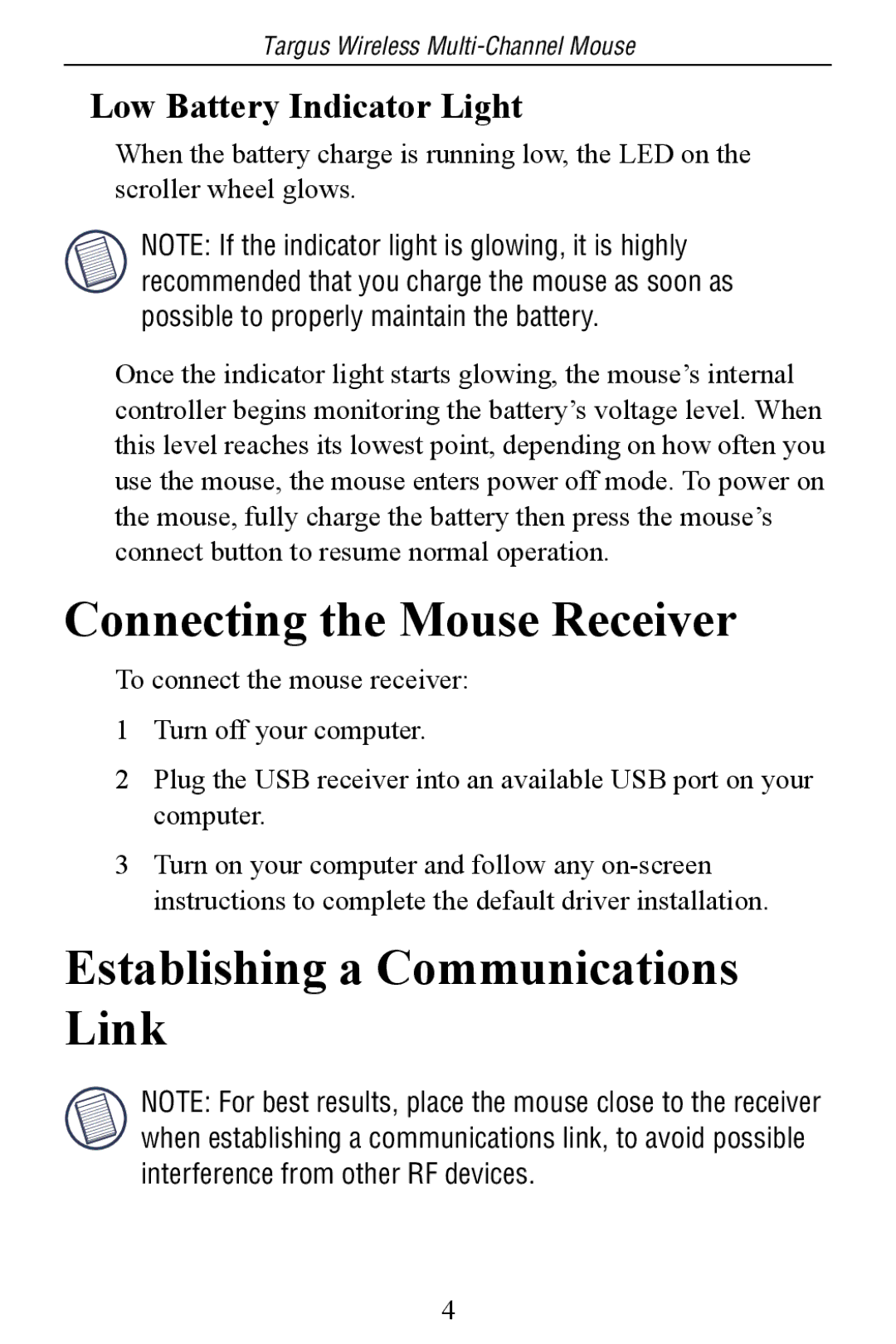 Targus Multi-Channel Mouse Connecting the Mouse Receiver, Establishing a Communications Link, Low Battery Indicator Light 