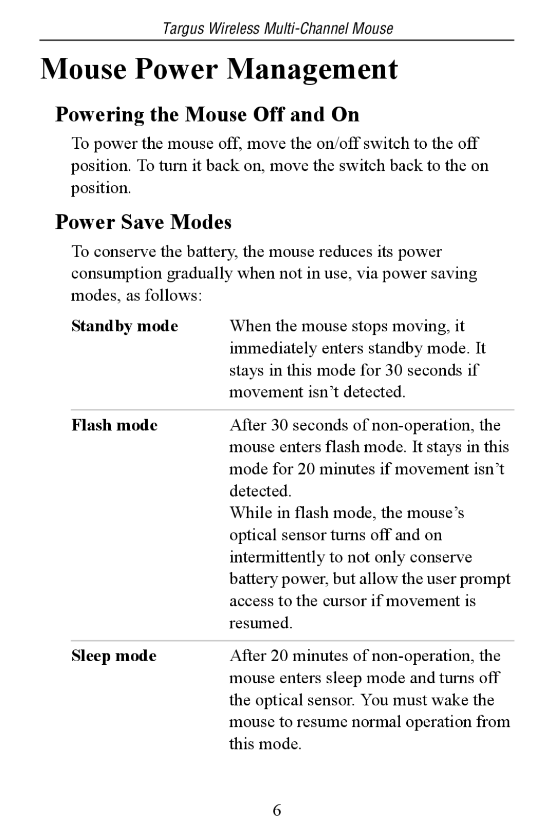 Targus Multi-Channel Mouse specifications Mouse Power Management, Powering the Mouse Off and On, Power Save Modes 