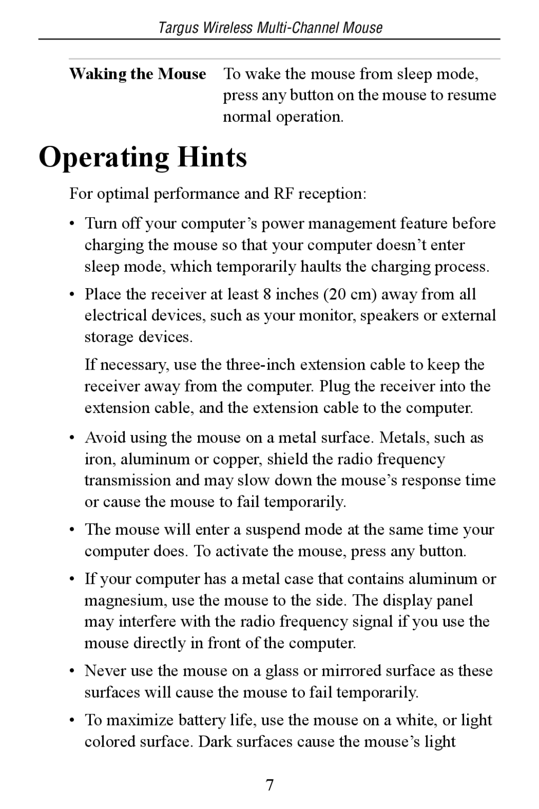 Targus Multi-Channel Mouse specifications Operating Hints, For optimal performance and RF reception 