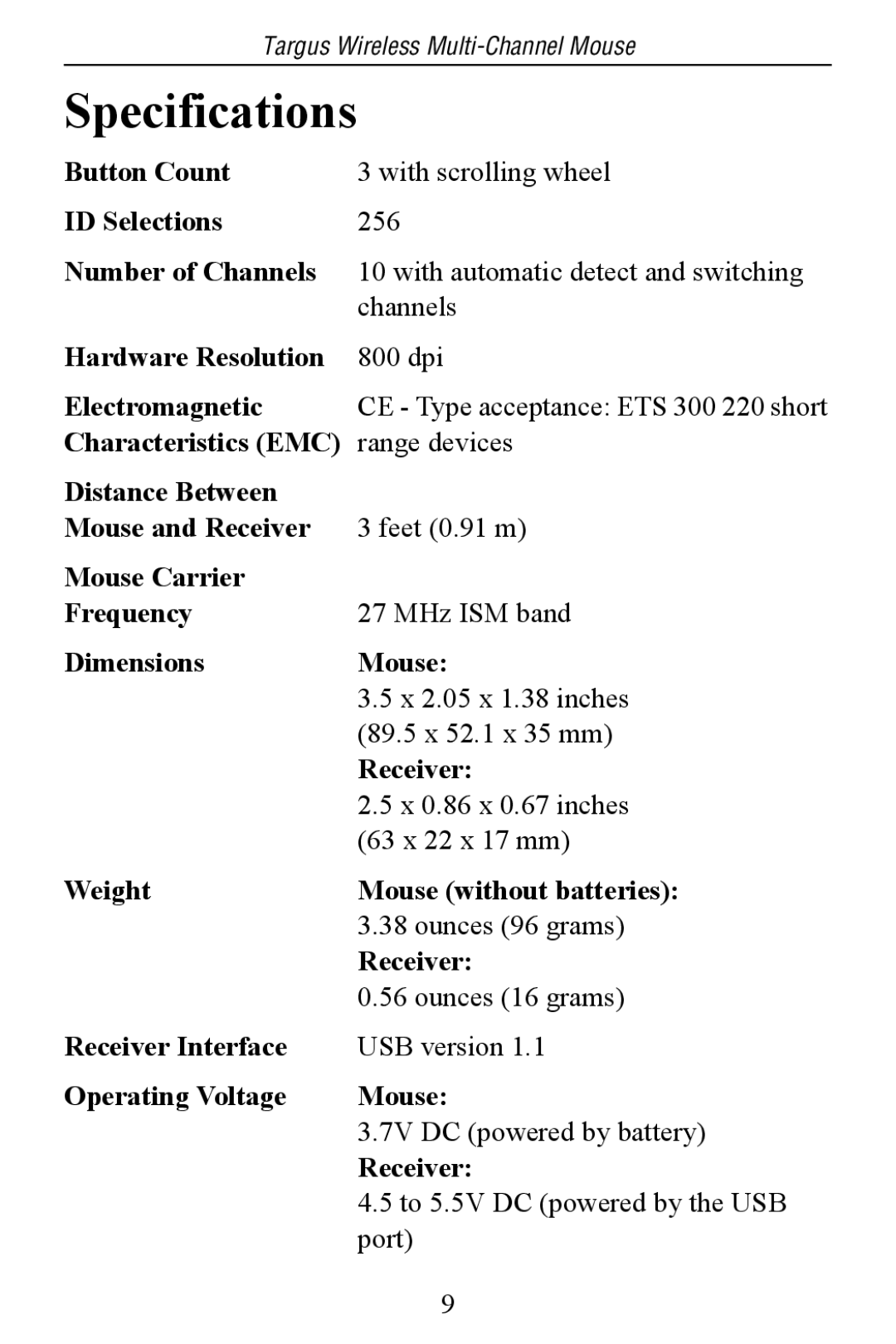 Targus Multi-Channel Mouse specifications Specifications 