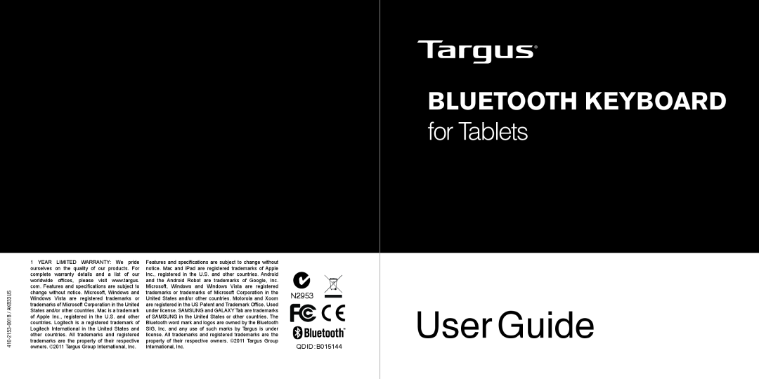 Targus N2953 manual User Guide, Bluetooth Keyboard, for Tablets, QD ID B015144 