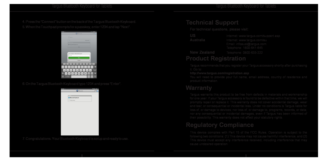 Targus N2953 manual Technical Support, Product Registration, Warranty, Regulatory Compliance, Australia, New Zealand 