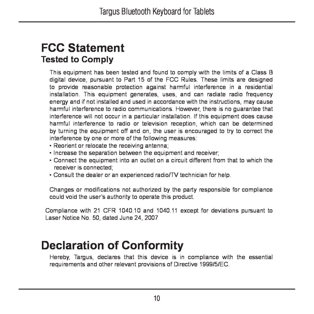 Targus N2953 manual FCC Statement, Declaration of Conformity, Targus Bluetooth Keyboard for Tablets, Tested to Comply 
